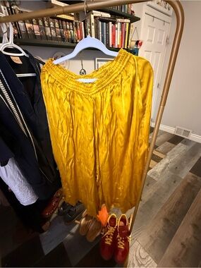 Women's Satin Elastic-Waist Pants in Mustard Yellow